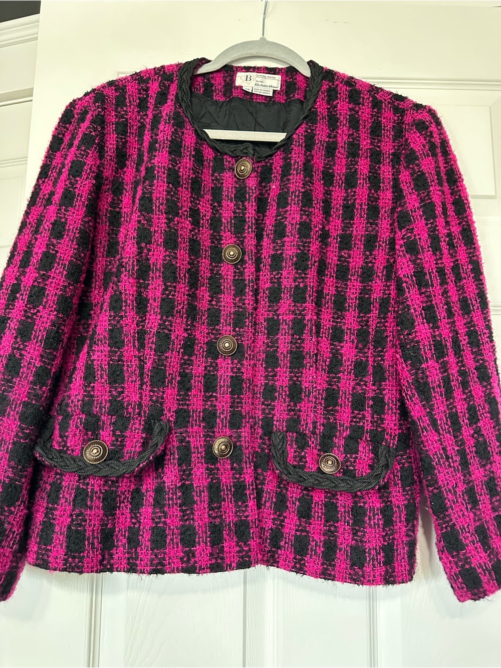 Bouclé Tweed Button-Front Blazer in Pink and Black